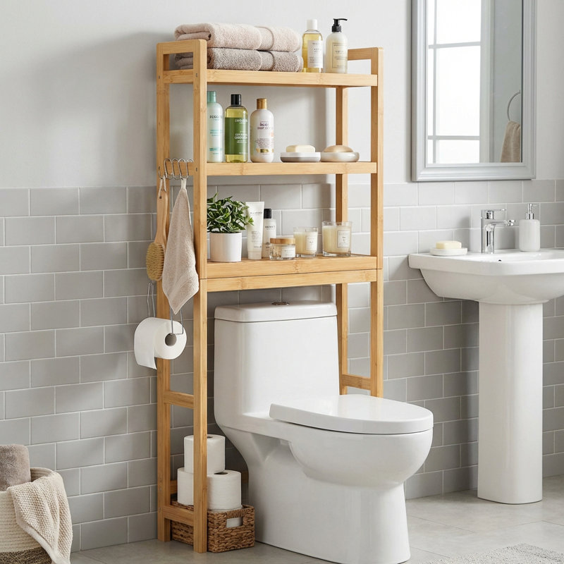 Étagère de rangement à 3 niveaux à installer au-dessus des toilettes, avec tablette ajustable, Beige naturel
