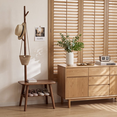 Solid Oak Entryway Bench with Coat Rack, Mid-Century Storage Shoe Stool with Sponge Cushion