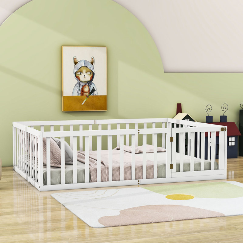 Wooden Platform Bed with Fence, Full / Double, White