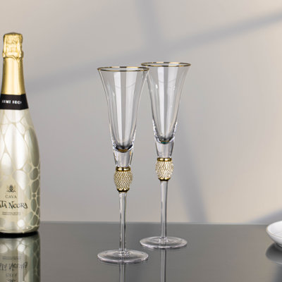 2 Piece Elegant Crystal Set Wedding Champagne Glasses With Diamond Rhinestone Accents And A Rim - 11 In Tall With Slender Long Stem, 7 Oz - Chic Toasting Set For The Bride And Groom