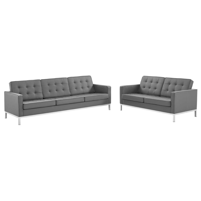 123'' Genuine Leather Sofa, Gray Fabric