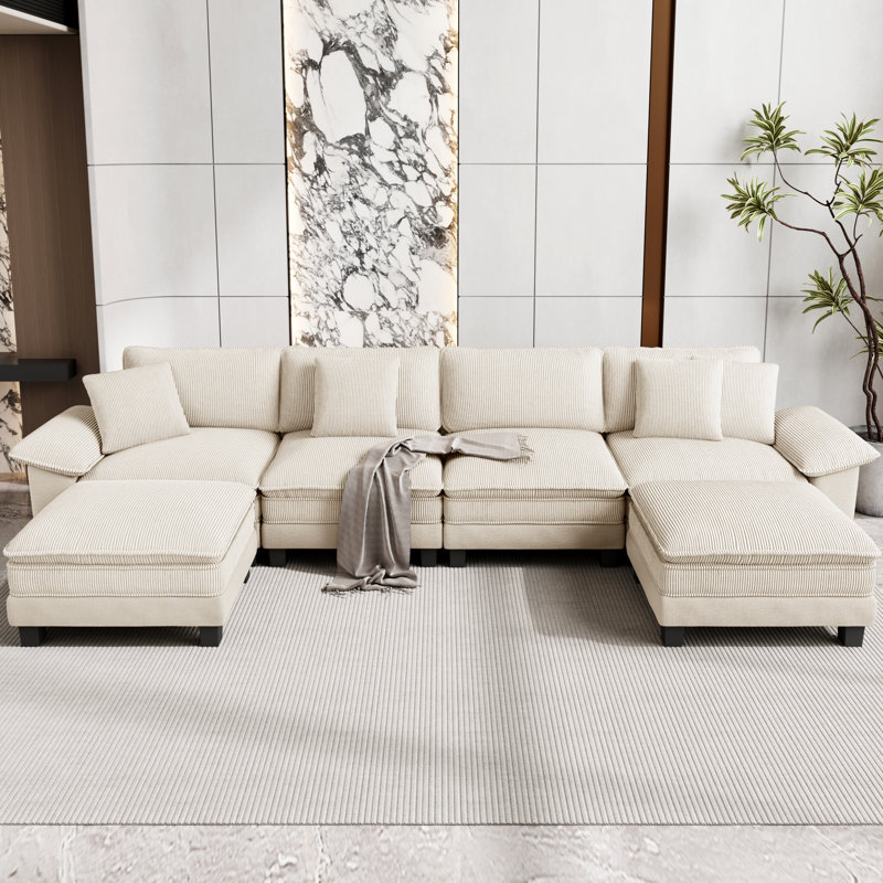 Sofa & Chaise, 6, Light Grey Corduroy