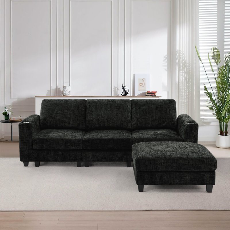 Canapé convertible 87 po en chenille avec porte-gobelets intégrés, canapé modulaire en L avec repose-pieds amovible pour le salon, un appartement