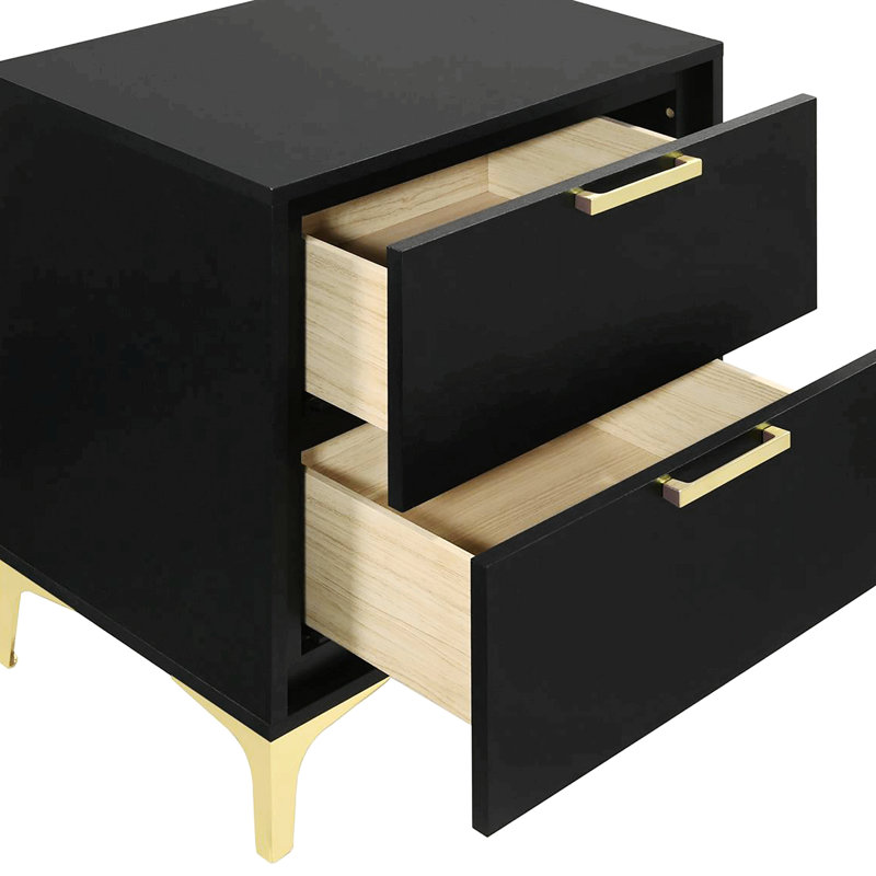 White And Gold Two-Drawer Rectangular Nightstand, Black