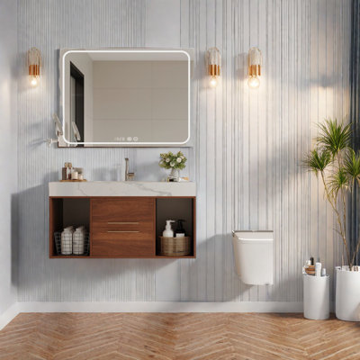 Modern Floating Bathroom Vanity With Ceramic Sink, Walnut Finish