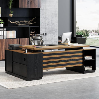 Bureaux de 78 pouces avec armoires de rangement, bureau d'ordinateur en bois pour studio 78 po. Bureau de direction extra large en L avec tiroirs, chêne brun noir
