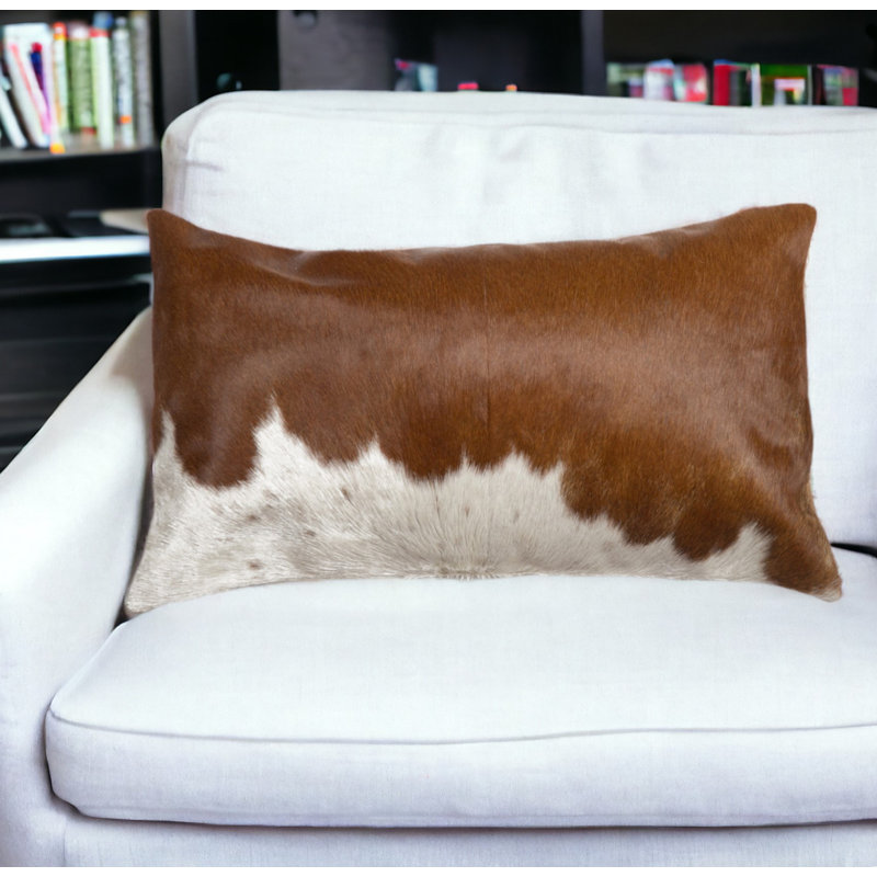  12" X 20" Brown and White Cowhide Throw Pillow