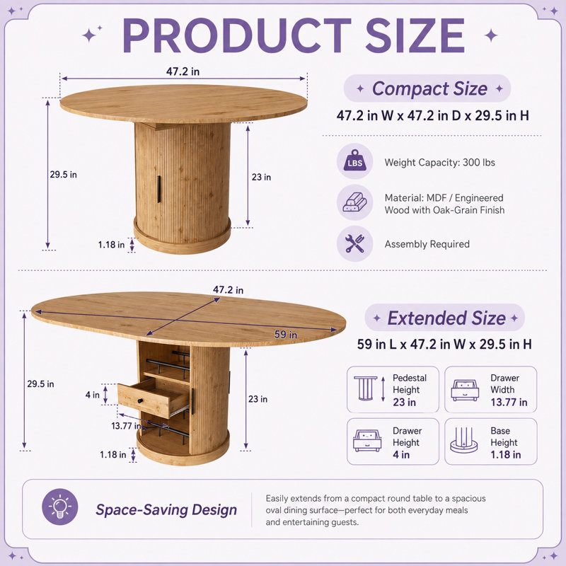 Table de salle à manger ovale extensible UNAROZ avec rangement à 2 niveaux et pied central