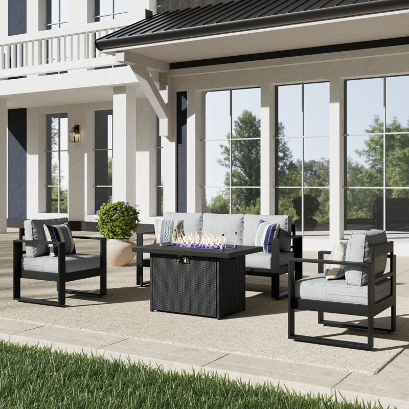 4 Piece Sofa Seating Group With Cushions, Light Gray/Black
