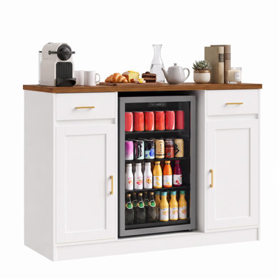 Modern 58.3" Coffee Bar Cabinet with Mini Fridge Space, USB Charging Station, 2 Drawers & Fluted Doors – Wine & Beverage Storage Cabinet with Wooden Tabletop, White