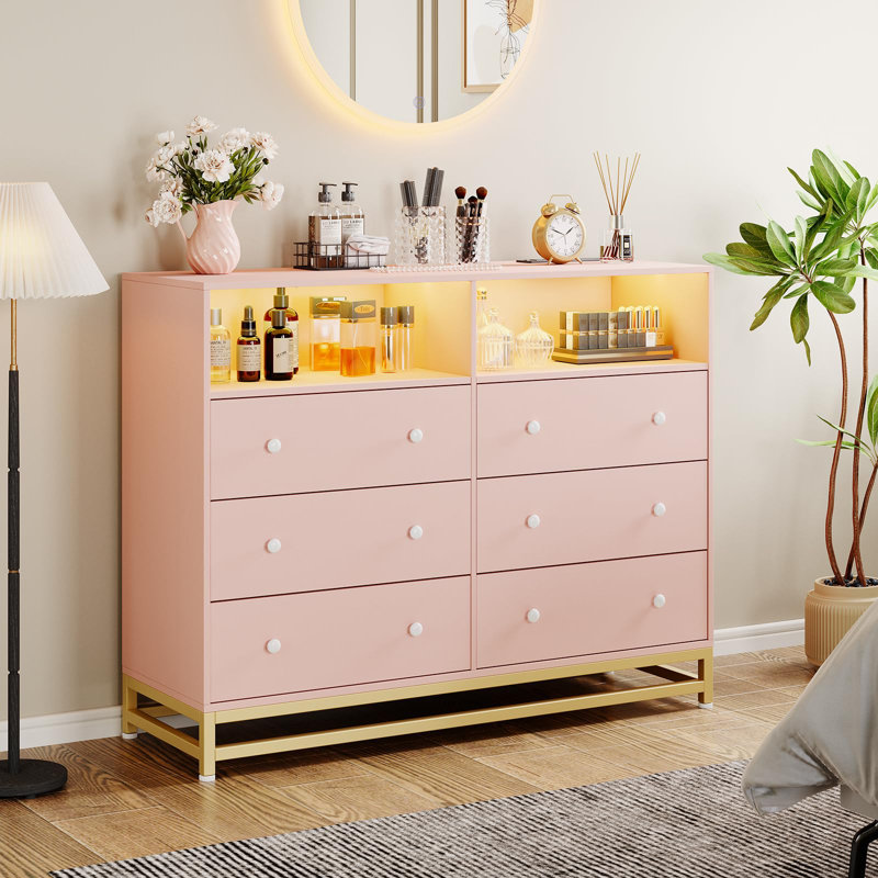 Commode 6 tiroirs avec lumière DEL, Rose