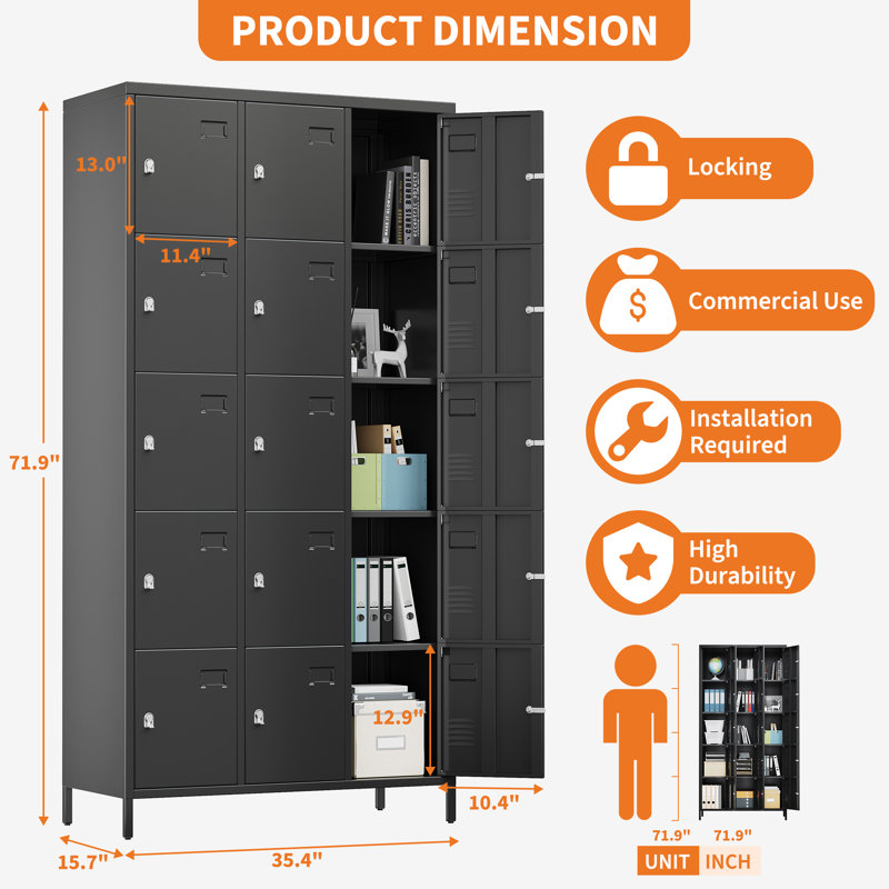 15-Door Metal Storage Locker Cabinet – Lockable Staff Lockers with Lock & Card Slot, Steel – 90W x 40D x 183H cm for School, Office, Gym, Garage