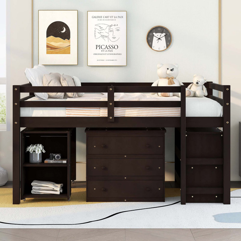 Low Study Loft Bed With Cabinet ,Shelves And Rolling Portable Desk ,Multiple Functions Bed, Espresso