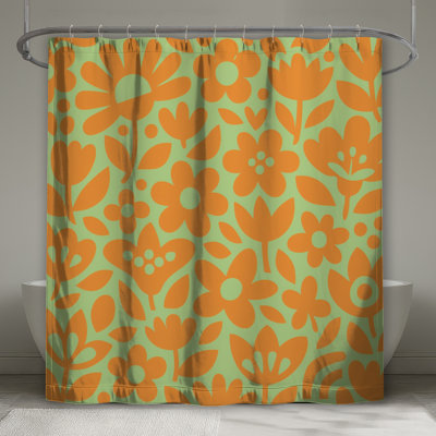 Rideaux de douche orange à motif floral très longs