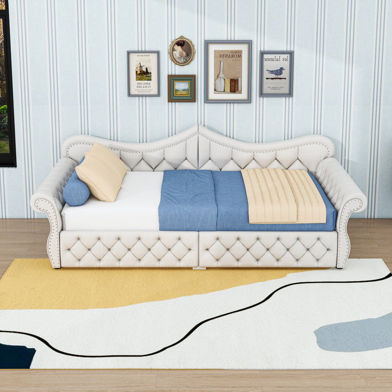 Queen Upholstered Daybed with Built-In LED Light Strips, Beige