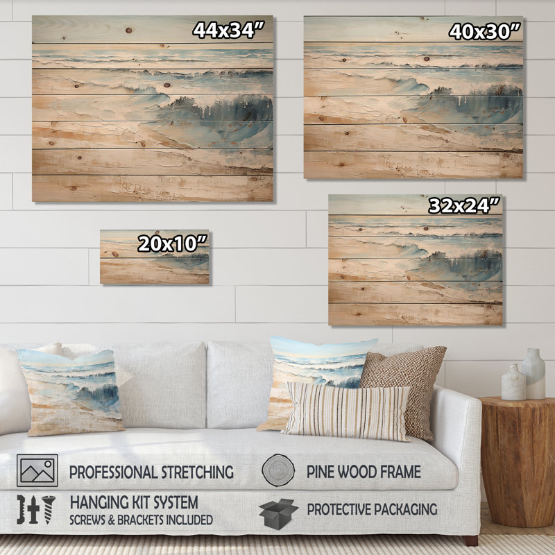 Golden and Blue Beach Tranquility I - Coastal Beach, art mural sur bois de pin naturel, H 24 po x l 32 po