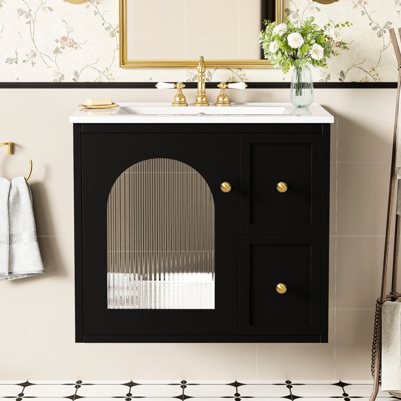 Meuble-lavabo de 61 cm (24 po) pour salles de bain confortables, montage mural, lavabo en céramique, tiroir de rangement astucieux, installation facile, style moderne, compatible avec les petits lavabos, installation et rangement pratiques.
