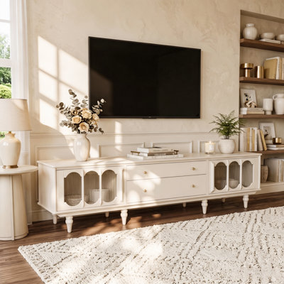 79" French Country TV Stand for 75-85 Inch TVs, Cream White TV Console with Arched Fluted Glass Doors & Storage Drawers, Modern Farmhouse Media Cabinet for Living Room