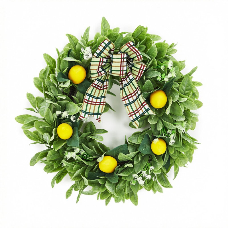 Couronne de citron de 20 pouces pour la porte d'entrée, couronne de printemps et d'été avec citron artificiel jaune