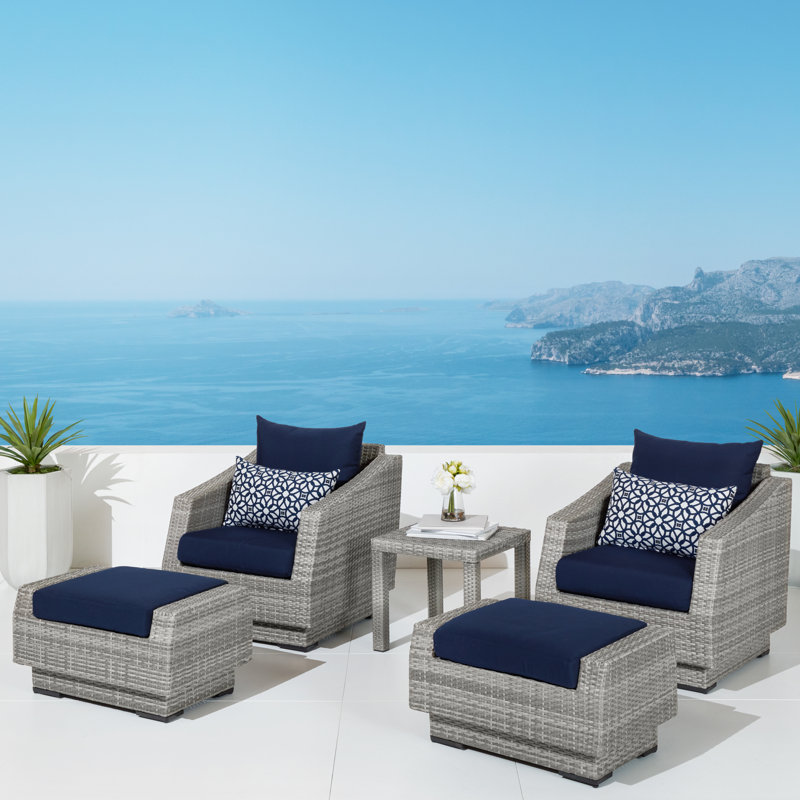 Fionnula 5-Piece Rattan Conversation Set With Sunbrella Cushion Covers, Canvas Navy Sunbrella® Canvas