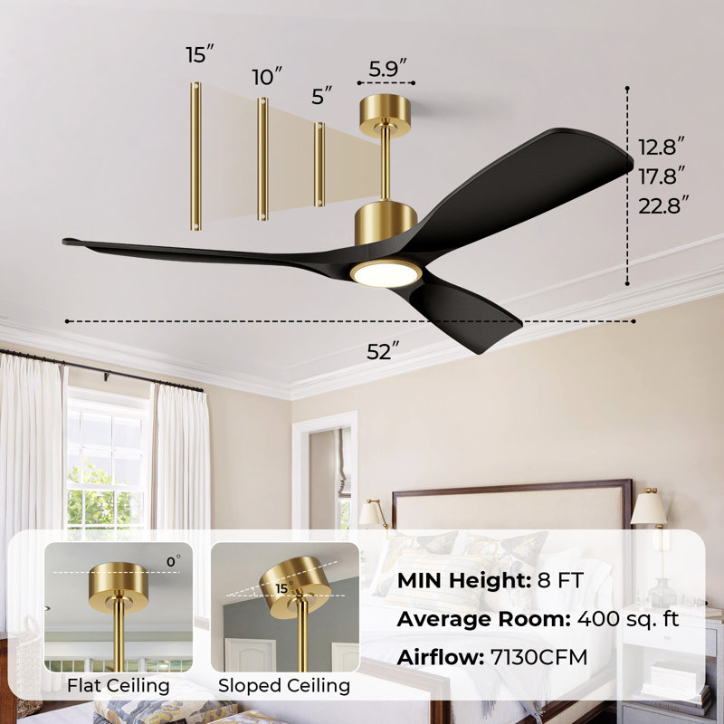 Ventilateur de plafond intelligent 52 po avec lumière, 3 pales en ABS, télécommande à 6 vitesses et commande vocale APP, 3CCT, à intensité variable, moteur réversible BLDC