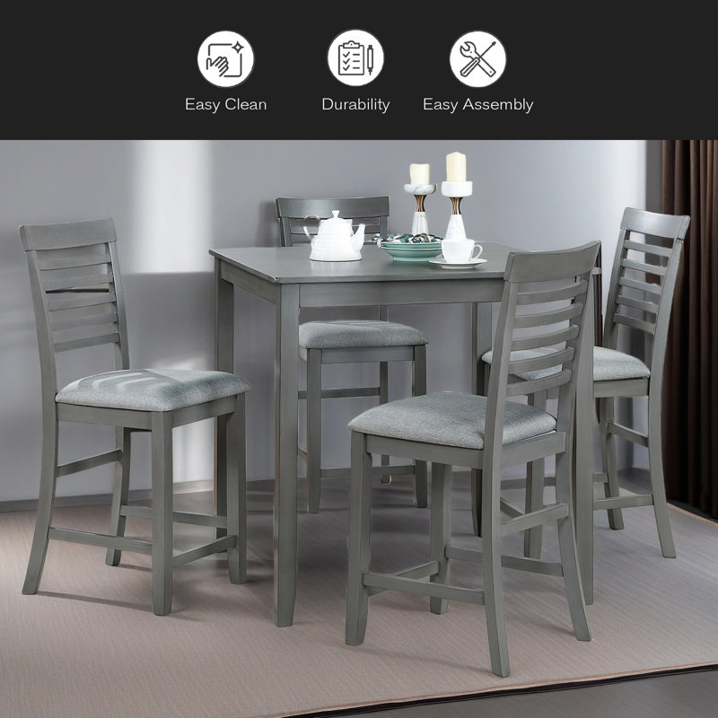 Ensemble de table de salle à manger 5 pièces, ensemble de table de salle à manger carrée en bois pour 4 personnes, ensemble de table de cuisine à hauteur de comptoir avec table carrée et 4 chaises rembourrées pour les petits espaces