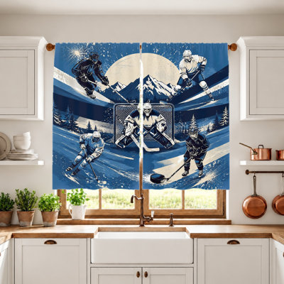 2Pcs Hockey Action Curtains, light filtering fabric, dynamic ice players and goalie print pattern, sunshade privacy protection, rod-pocket design, suitable for living room, bedroom, playroom, sports home decoration