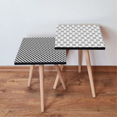 Modern Nesting Table Set (2 Pieces), Black & White Geometric Design, 13.8 x 18.5 x 13.8 in | 100% MDF with Beech Wood Legs, Elegant & Space-Saving Solution for Living Room & Office, Stylish & Functional Decor