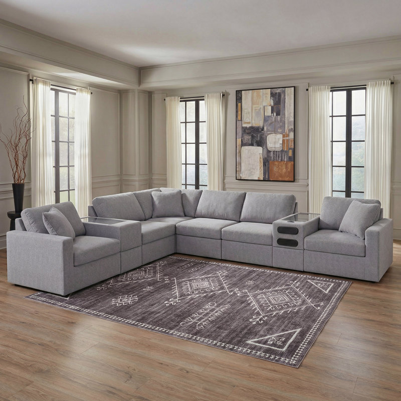 Canapé modulaire 8 pièces Braintree avec audio et consoles de rangement, Polyester gris