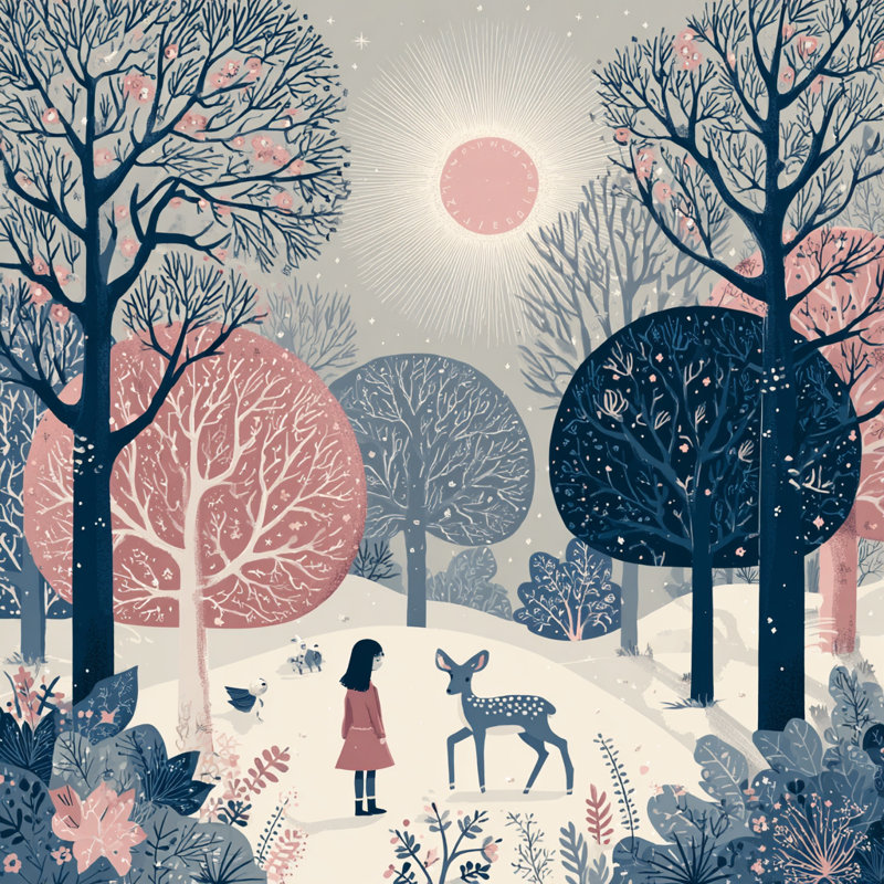 «Girl and Fawn Winter Walk», art mural sur toile tendue, H 12 po x l 12 po