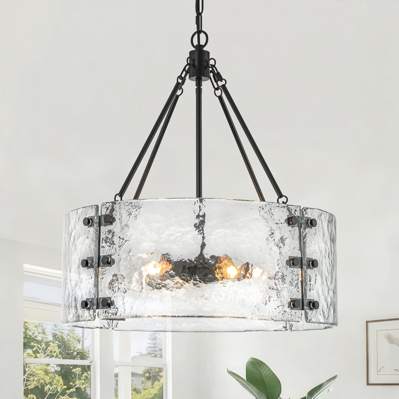 Lustre tambour 5 lumières avec verre texturé , Noir mat