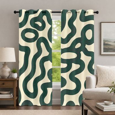 2Pcs Dark Green and Cream Abstract Curtains, Geometric Line Pattern Curtain, Minimalist Contemporary Art Print Grommet Drapes, Window Treatment for Bedroom Living Room Decor