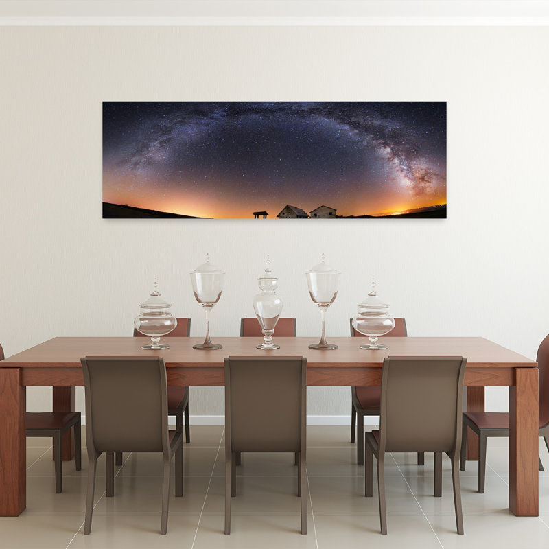 Voie laiteuse au-dessus de maisons de campagne paisibles, paysage serein abstrait, art mural, H 20 po x l 60 po