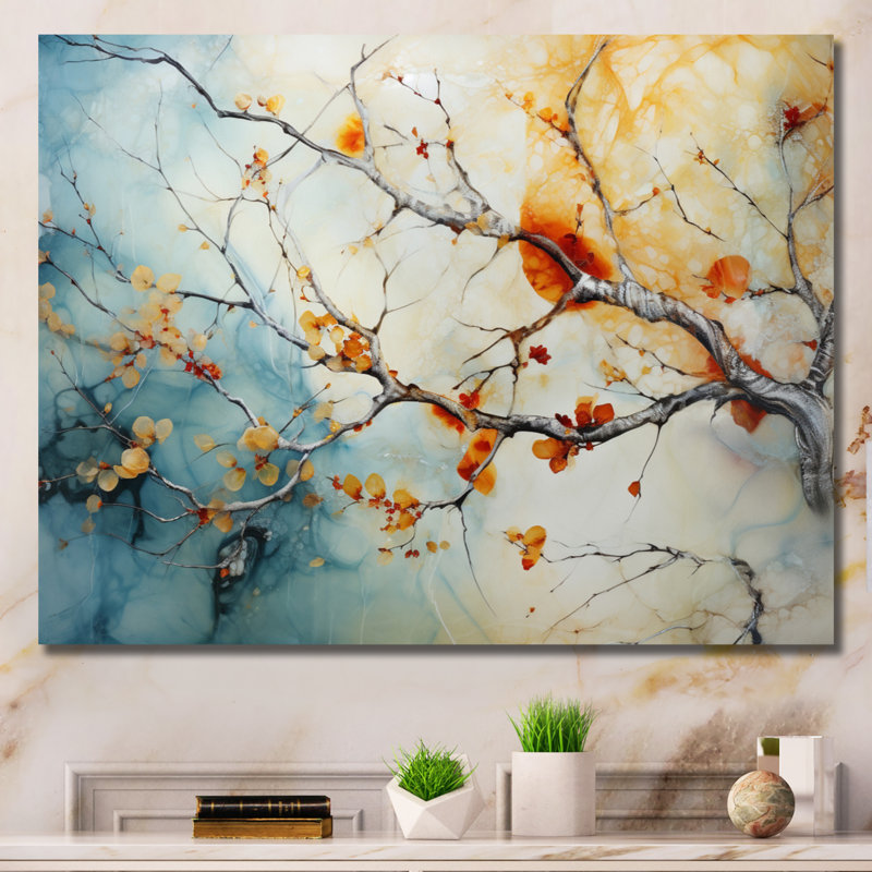 Orange, bleu sarcelle, érable brillant, agate I - arbre érable, art mural, Toile tendue, H 34 po x l 44 po x P 1,5 po