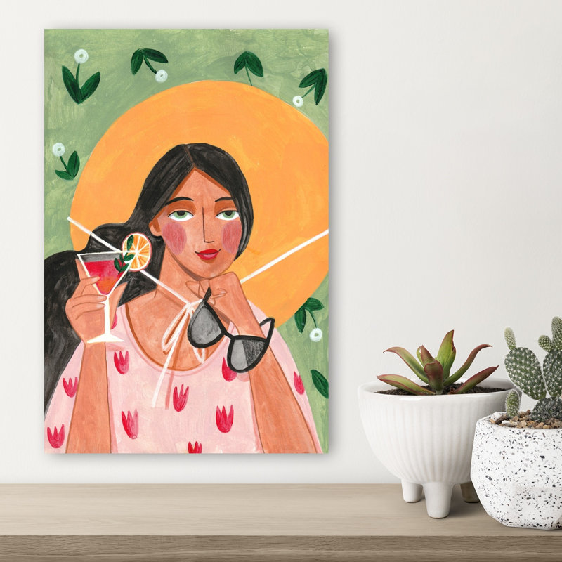Abstract Modern Bohemian Woman With Cocktail Abstract Contemporary Flower Portrait Wall Art Print, 45.72cm H x 30.48cm W