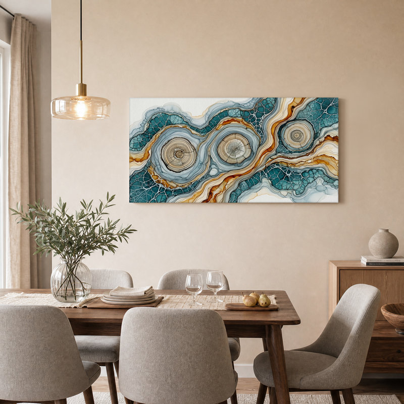 Tableau abstrait en forme d'anneaux de bois fluides dans une toile turquoise et brune, 46“W x 24”H