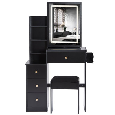 Small Size Left Bedside Cabinet Vanity Table + Cushioned Stool, 2 AC+2 USB Power Station, Hair Dryer Bracket, Extra Large Touch Control Sliding LED Mi by Wrought Studio