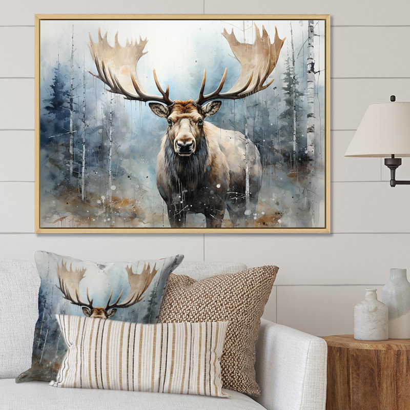 Orignal majestueux dans la forêt - orignal, art mural, Cadre flottant blanc, H 34 po x l 44 po x P 1,5 po