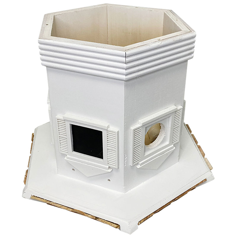 White Hexagonal Wooden Bird House with Shingled Roof