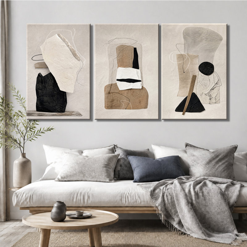 Tableau mural en toile à 3 panneaux, géométrique abstrait, neutre, style Wabi Sabi, 28 * 40 pouces * 3