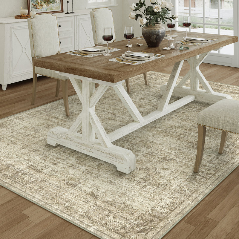 Ladonya Vintage Washable Beige Area Rug with Non-Slip Backing, Rectangle 5' x 7'