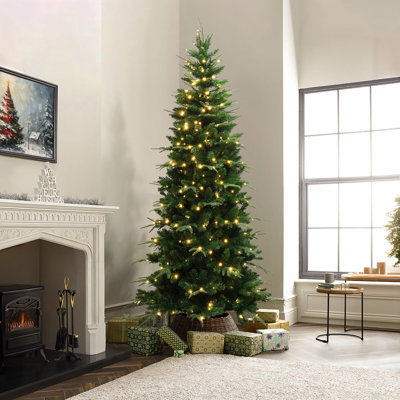Pre-Lit Green Slim Artificial Christmas Tree with 8 Light Functions