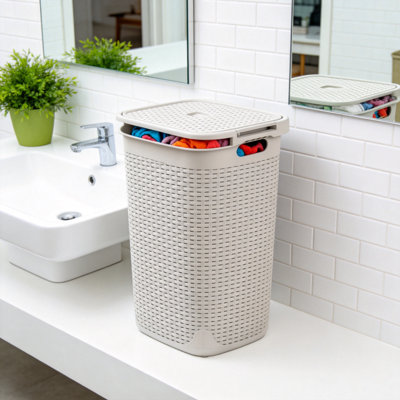 Slim Laundry Hamper With Lid, 60L Tall Clothes Basket, Narrow Tapered Design For Bathrooms, Closets And Laundry Rooms, Plastic (Ivory)