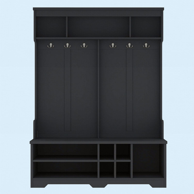 Modern Hallway Hall Tree With Metal Hooks And Storage Space, Multi-Functional Entryway Coat Rack With Shoe Cubbies, Black