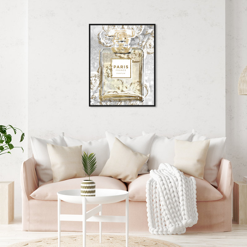 " Fashion And Glam Floral French Perfume Gray, Glam Gold " by Oliver Gal, Black Framed Canvas, 24" H x 20" W x 1.5" D