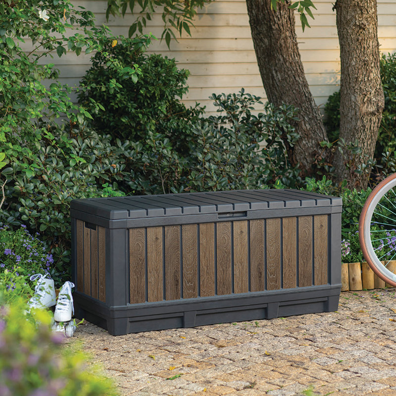 Keter Signature Collection Everwood 92 Gallon Durable Resin Outdoor Storage and Organization Deck Box Ideal For Garden Patio Furniture and Supplies, Walnut