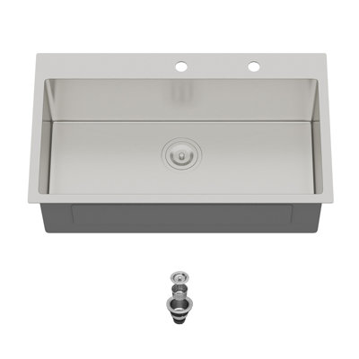 Évier de cuisine à montage sur le dessus 33 po x 19 po, évier simple en acier inoxydable T-304 de calibre 16 avec cuve profonde de 9 po, conception insonorisée et crépine, nickel brossé