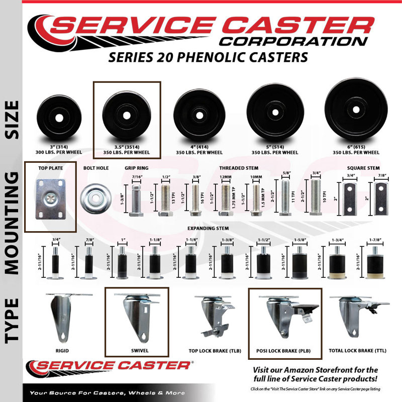 3.5 Inch Phenolic Wheel Swivel Top Plate Caster Set Posi Brake Service Caster|SCC-20S3514-PHS-PLB-4