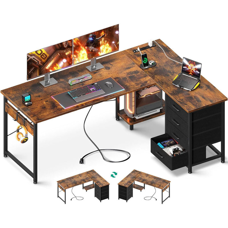 L Shaped Desk With 4 Tier Drawers, 61" Reversible Gaming Desk With Power Outlets, L Shaped Computer Desk With USB Charging Port And Host Stand, Home Office Corner Desk, Easy To Assemble, White