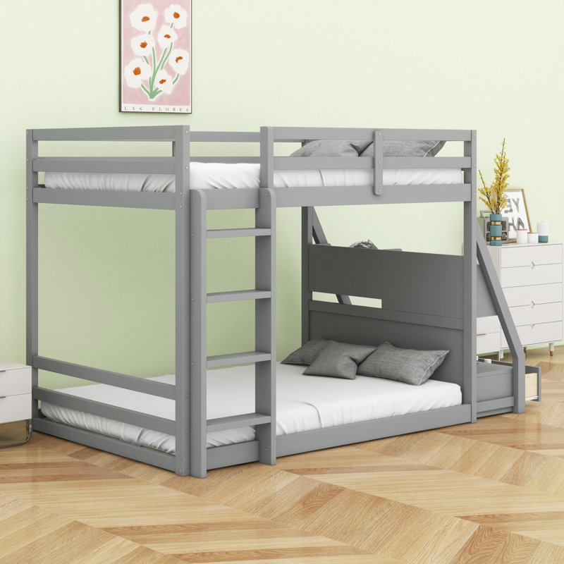 Lit superposé avec rangement à DEL 7 couleurs, chargement USB, tablettes intégrées et 2 tiroirs, Gris